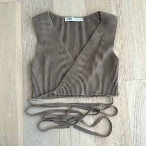 Zara Brown Cropped Wrap Top (S)